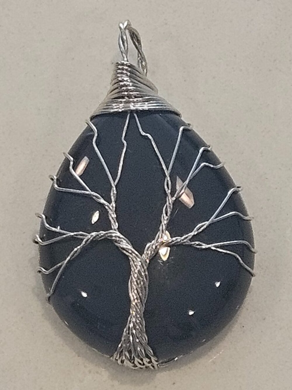 Obsidian Pendant w/ Stainless Steel Tree of Life & Bale - Black & Silver color